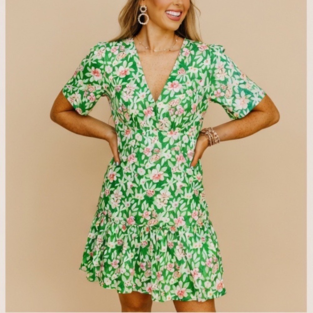 THML Green Floral V-Neck Ruffle Mini Dress THS1074-GN Small